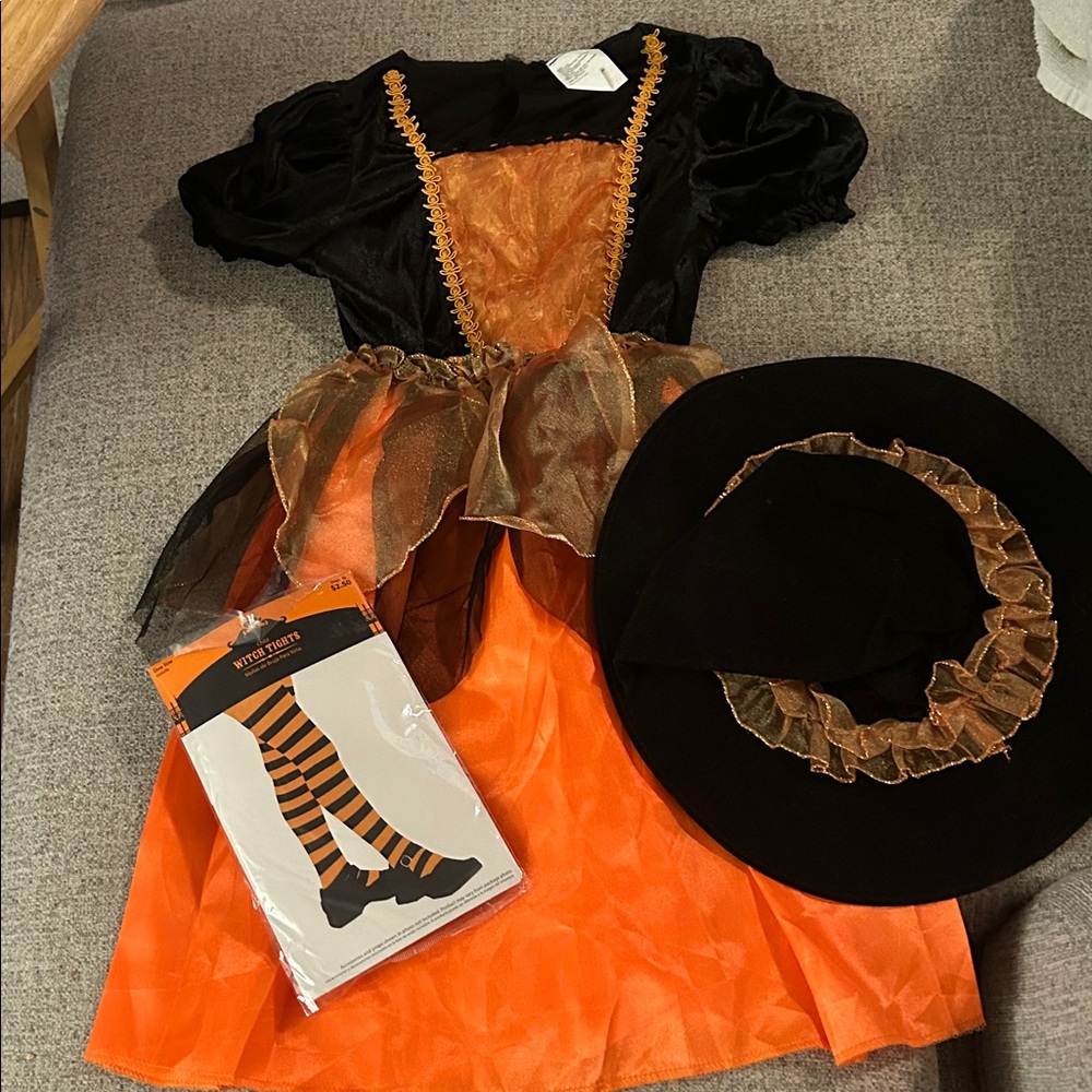 Orange and Black Witch Costume with Hat and Tights
